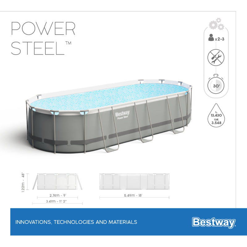 Bestway Power Steel 18' x 9' x 48"/5.49m x 2.74m x 1.22m Oval Pool Set size info