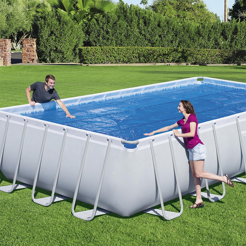 Bestway 21' x 9'(6.40m x 2.74m)/24' x 12'(7.32m x 3.66m) Rectangle Solar Pool Cover man and woman outdoor