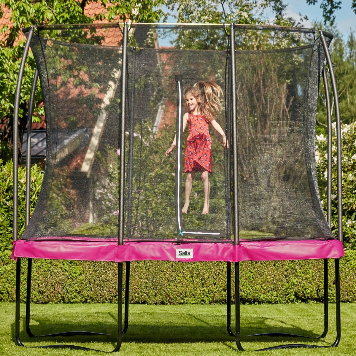 7ft-x-5ft-salta-pink-rectangular-trampoline-with-enclosure-in-garden