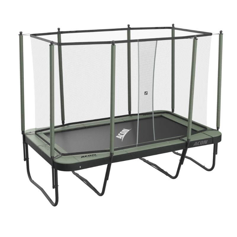 ACON-13-HD-Trampoline-with-enclosure-and-green-padding-angled-view