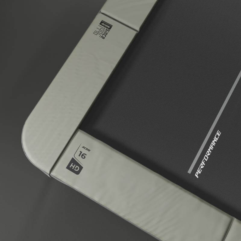 ACON-16-HD-Pro-Trampoline-corner-pad-logo-and-performance-mat-detail