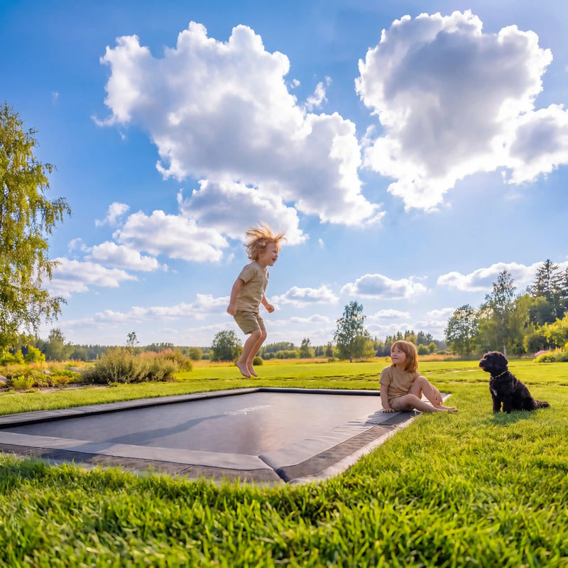 Children playing on a North In Ground Rectangular trampoline with a dog in a park under a blue sky with clouds.