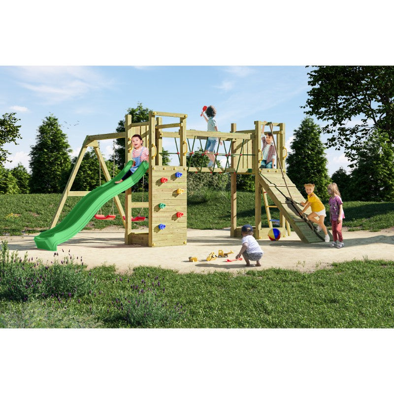 Shire Maxi Fun play equipment with climbing wall, bridge towers