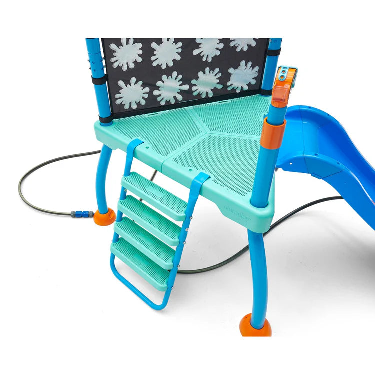 angled-front-view-of-outdoor-wooden-water-play-station-with-tiered-blue-plastic-trays