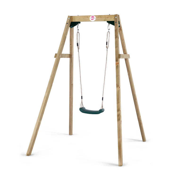 angled-hero-shot-of-a-sturdy-wooden-single-swing-set-with-green-plastic-seat-on-white-background
