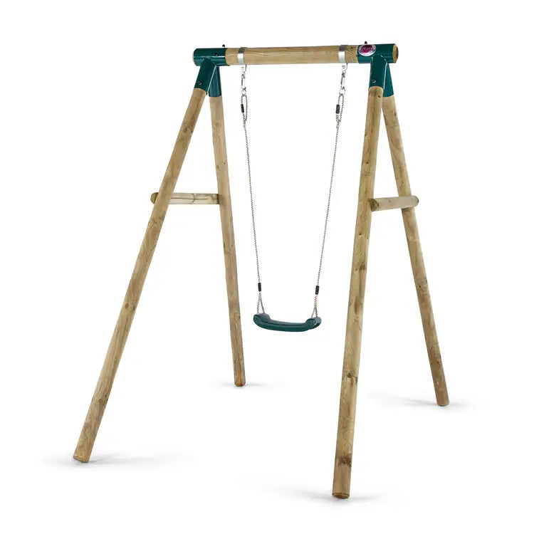angled-hero-shot-of-plum-bush-baby-wooden-single-swing-set-with-dark-green-seat-on-white-background