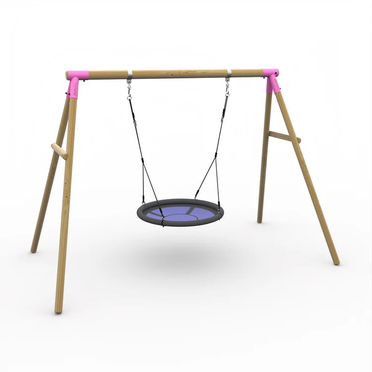 angled-hero-shot-of-plum-spider-monkey-ii-wooden-swing-set-with-pink-accents-and-two-seats-on-white-background