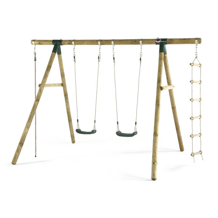 angled-hero-shot-of-the-plum-gibbon-wooden-swing-set-featuring-pink-metal-brackets-pink-swing-seats-and-a-knotted-climbing-rope