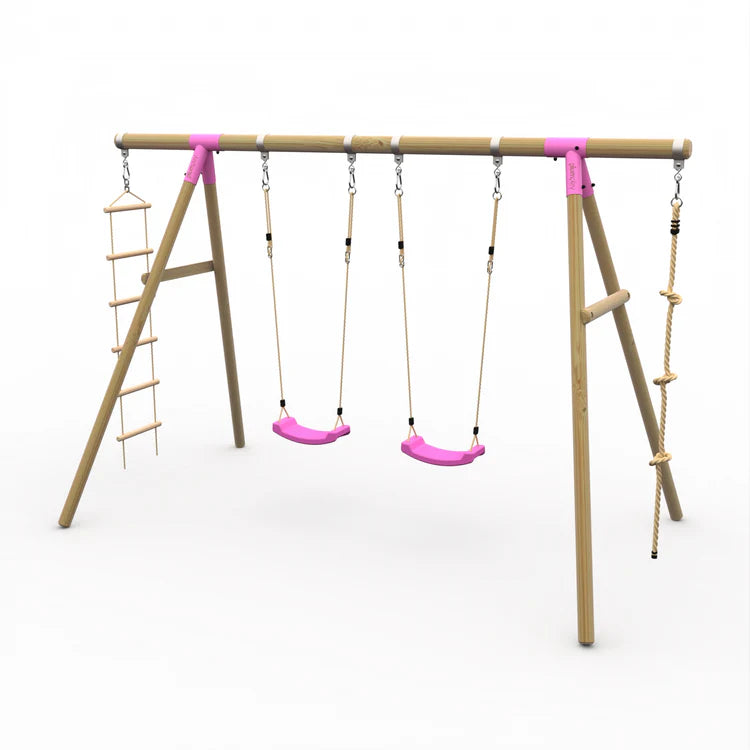 angled-hero-shot-of-the-plum-gibbon-wooden-swing-set-with-two-green-seats-and-a-knotted-climbing-rope-on-white-background