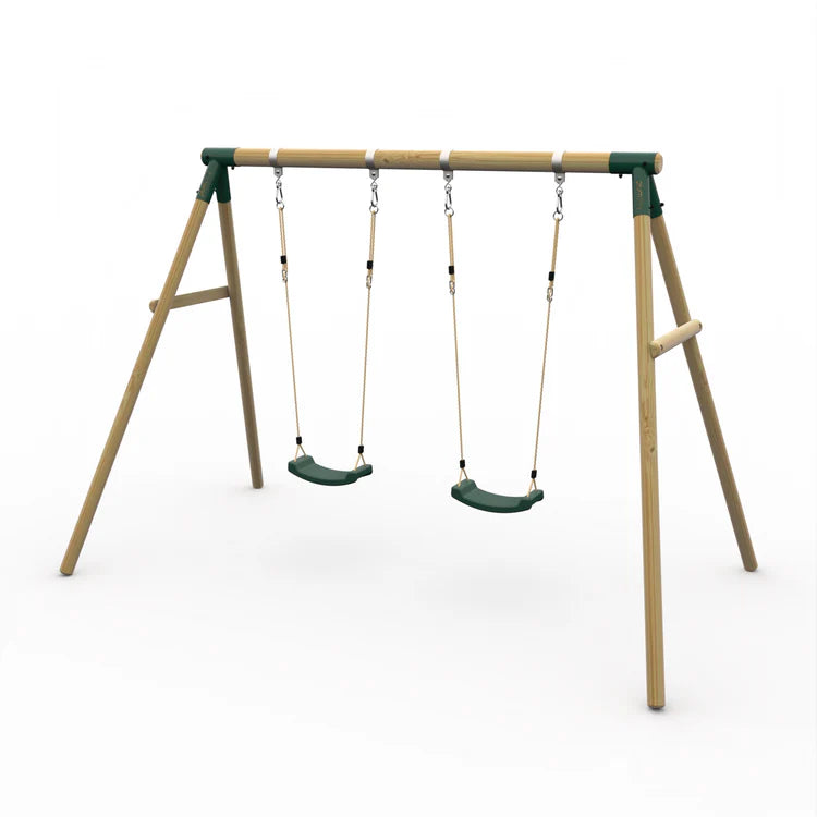 angled-hero-shot-of-wooden-double-swing-set-with-dark-green-brackets-and-green-adjustable-seats-on-white-background