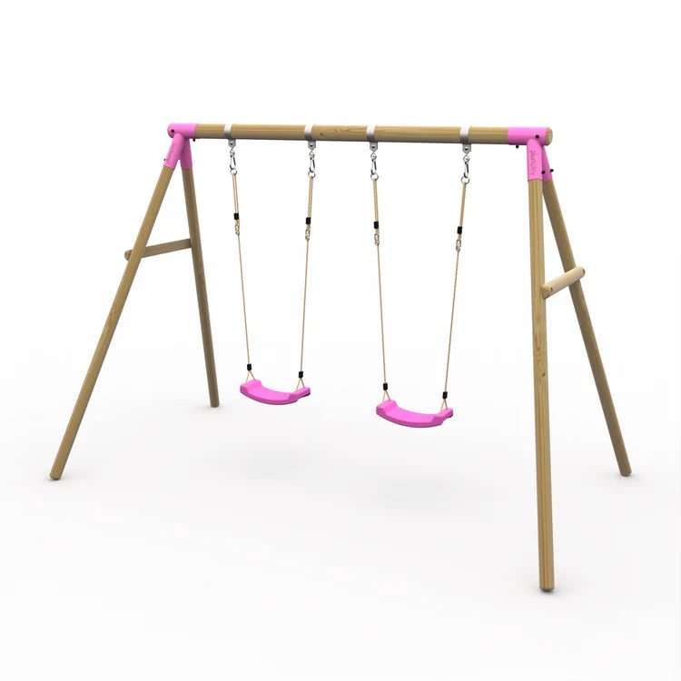 angled-hero-shot-of-wooden-double-swing-set-with-pink-brackets-and-pink-adjustable-seats-on-white-background