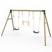 angled-hero-shot-of-wooden-mangabey-swing-set-with-two-green-seats-and-a-center-trapeze-bar-with-yellow-rings