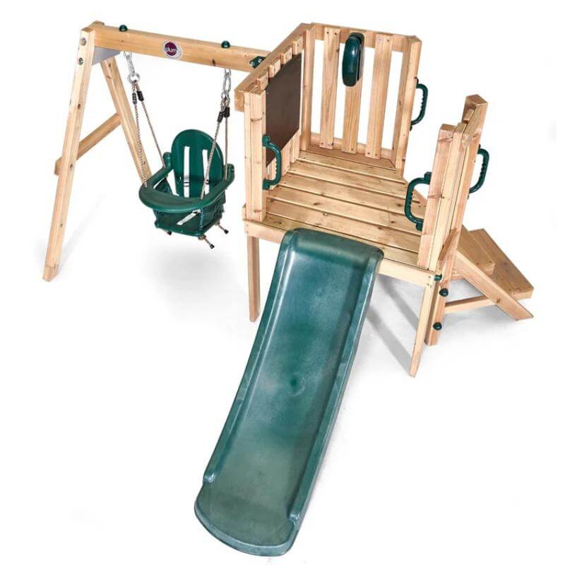 angled-overhead-view-of-wooden-toddler-playcentre-with-green-slide-bucket-swing-and-steps