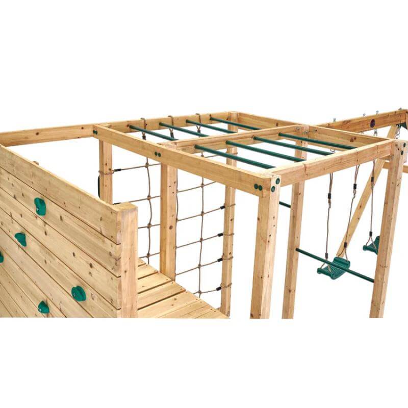 angled-view-of-green-metal-monkey-bars-integrated-into-plum-wooden-climbing-cube