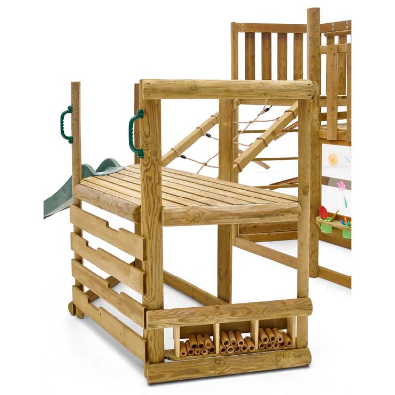 angled-view-of-wooden-adventure-playcentre-with-dual-platforms-rope-bridge-and-two-green-slides