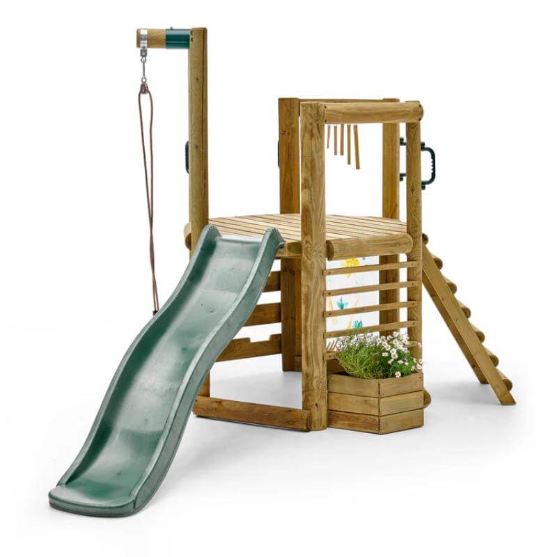 angled-view-of-wooden-playcentre-with-green-slide-bucket-pulley-side-steps-and-planter-box