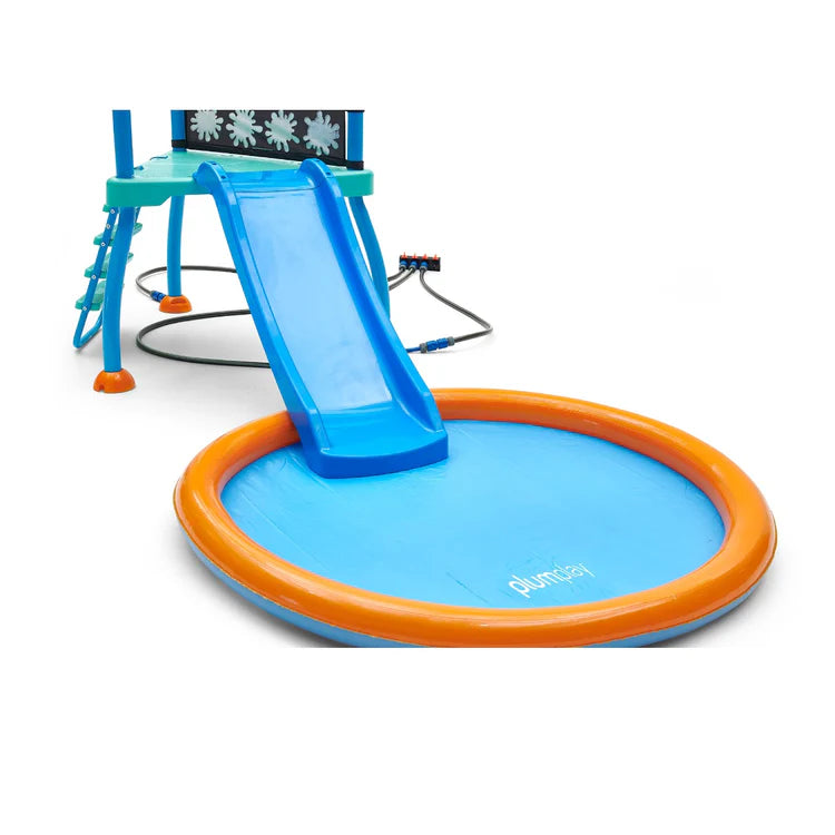 angled-view-of-wooden-water-park-splash-station-with-blue-basins-and-yellow-water-play-accessories-on-white-background
