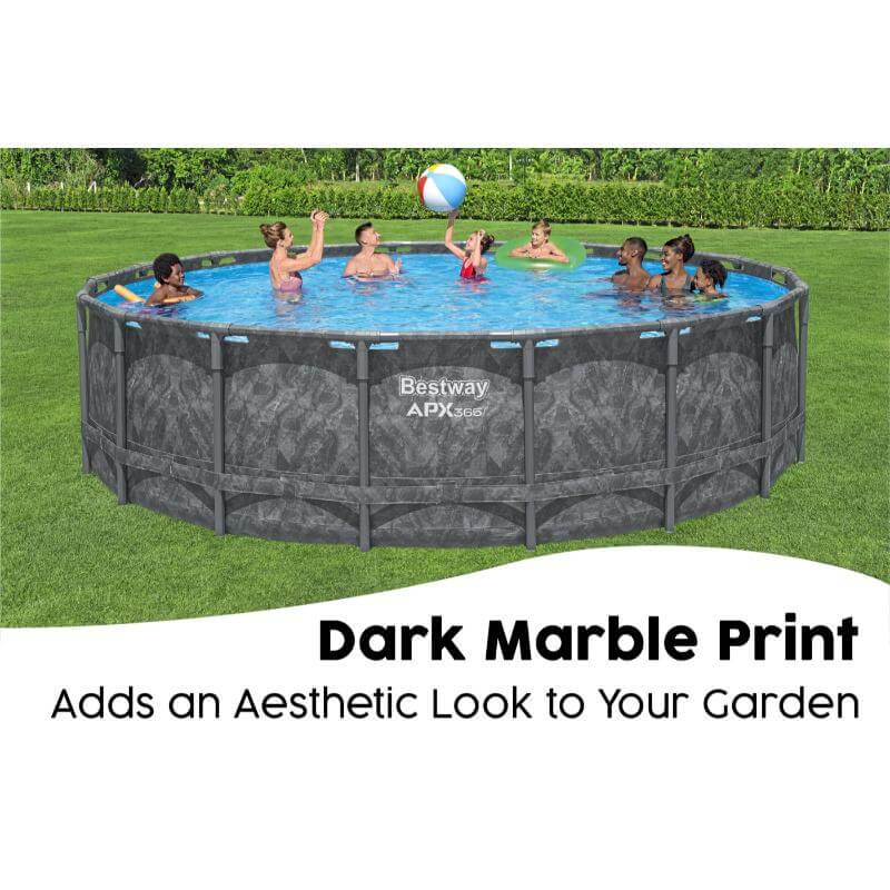 bestway-apx-round-above-ground-pool-with-dark-marble-print-and-family-playing-with-beach-ball