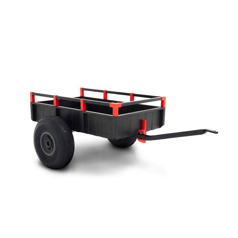 black-pedal-go-kart-trailer-with-red-accents-and-tow-bar-on-white-background
