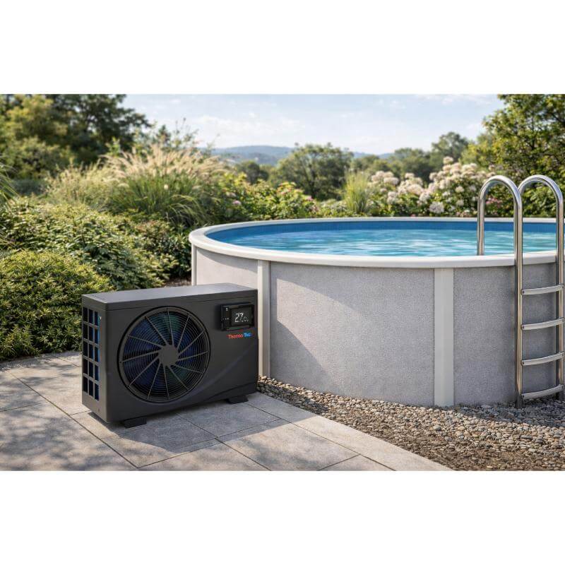 black-thermotec-pool-heat-pump-next-to-round-above-ground-pool-in-landscaped-garden