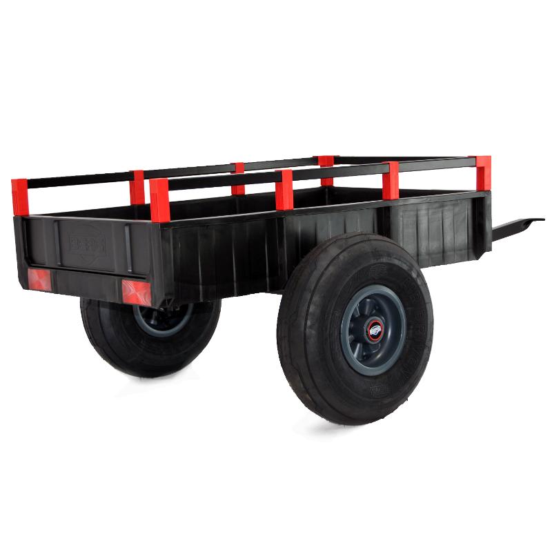 black-two-wheel-pedal-go-kart-trailer-with-red-rail-accents-and-tow-bar-on-white-background