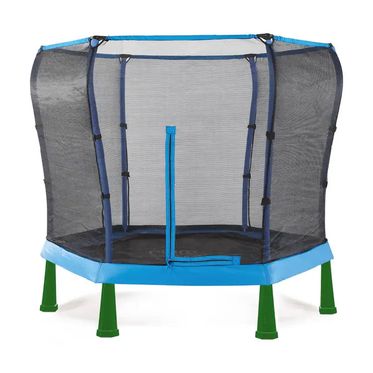 
blue-kids-trampoline-with-safety-net-and-green-legs
