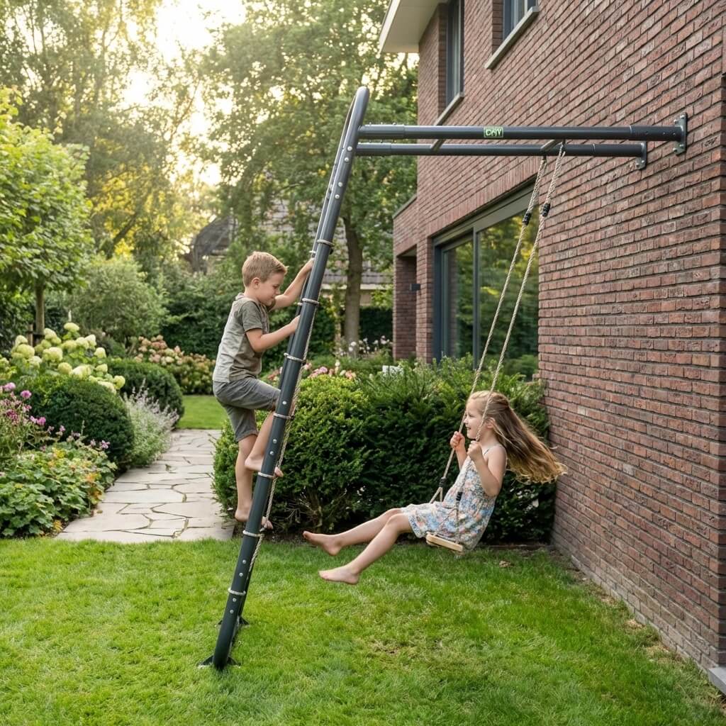 boy-climbing-wall-mounted-frame-while-girl-swings-in-backyard-garden