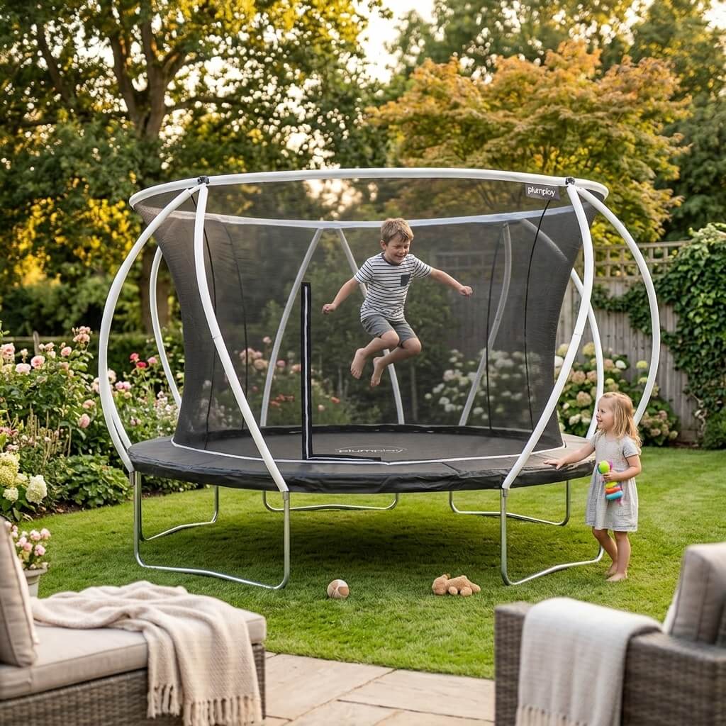 child-bouncing-on-white-frame-garden-trampoline-while-sibling-watches