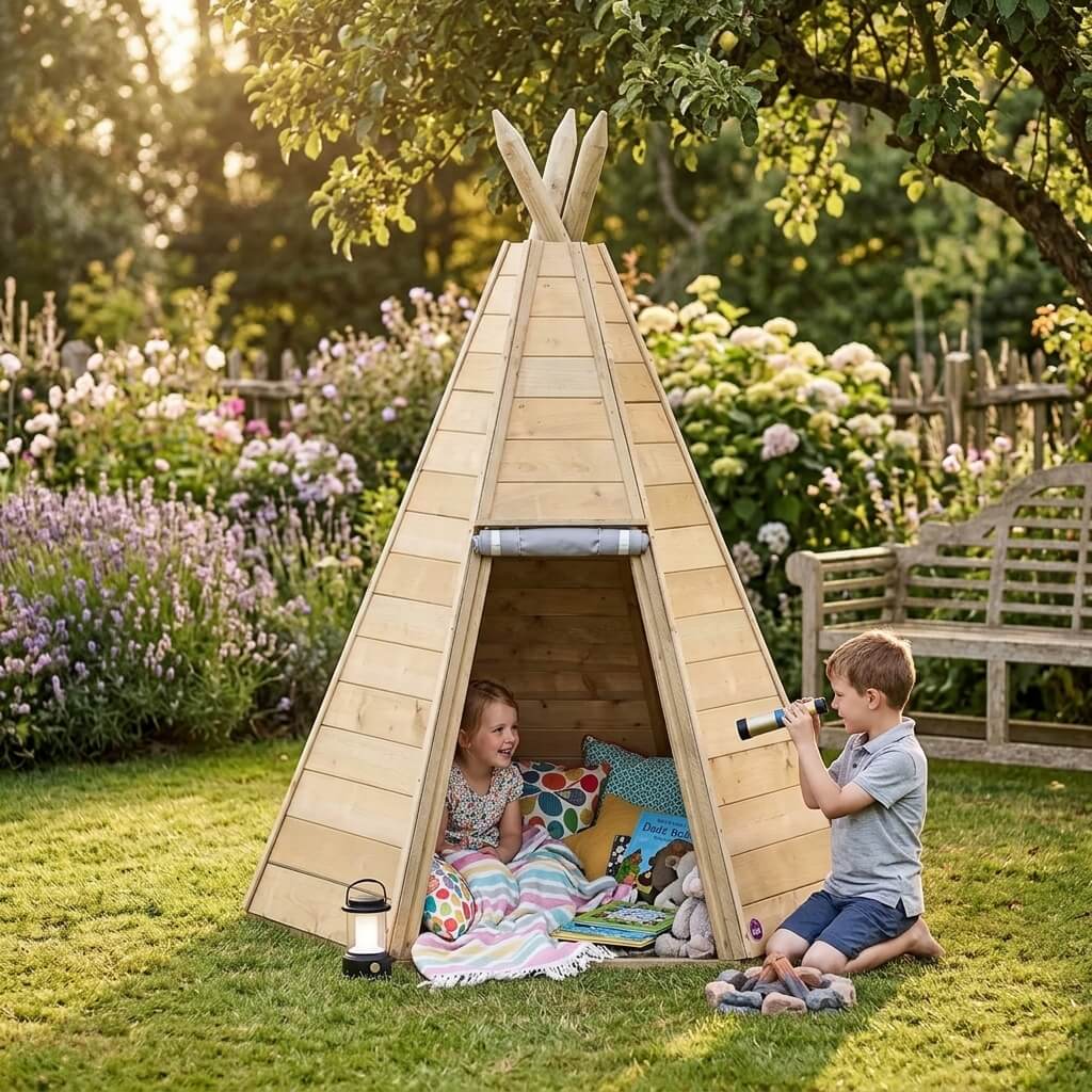 children-playing-in-a-wooden-garden-teepee-hideaway