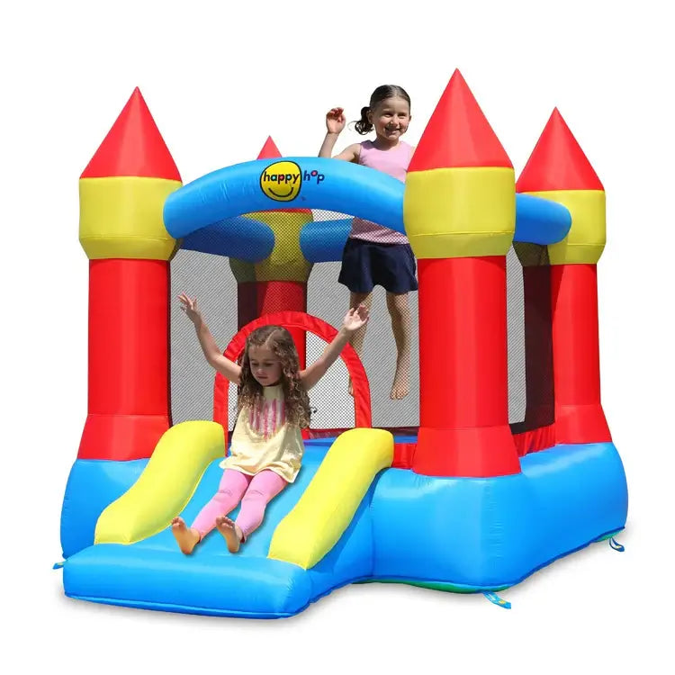 children-playing-on-bouncy-castle-with-slide-and-hoop
