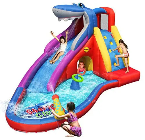 children-playing-on-shark-themed-inflatable-water-slide