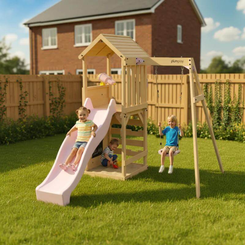children-playing-on-wooden-lookout-tower-with-pink-slide-and-swing-in-backyard