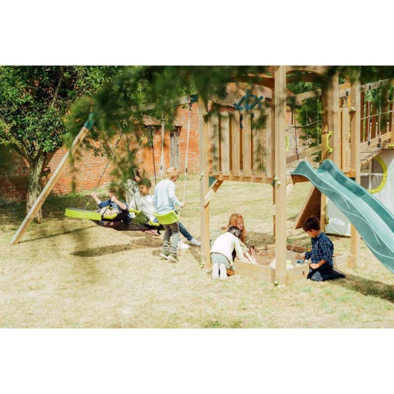 children-using-nest-swing-and-sandpit-on-plum-large-wooden-climbing-frame