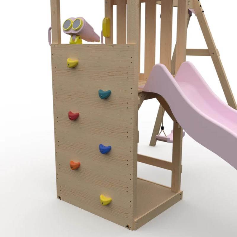 climbing-rock-wall-with-multi-colored-hand-holds-on-wooden-play-tower