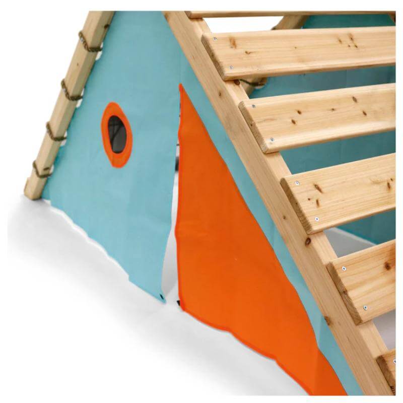 close-up-of-blue-and-orange-play-tent-side-panel-with-round-window-and-door-flap