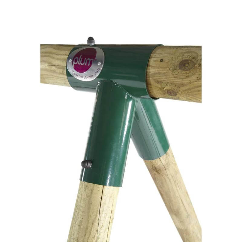close-up-of-green-metal-a-frame-bracket-joining-round-wooden-beams