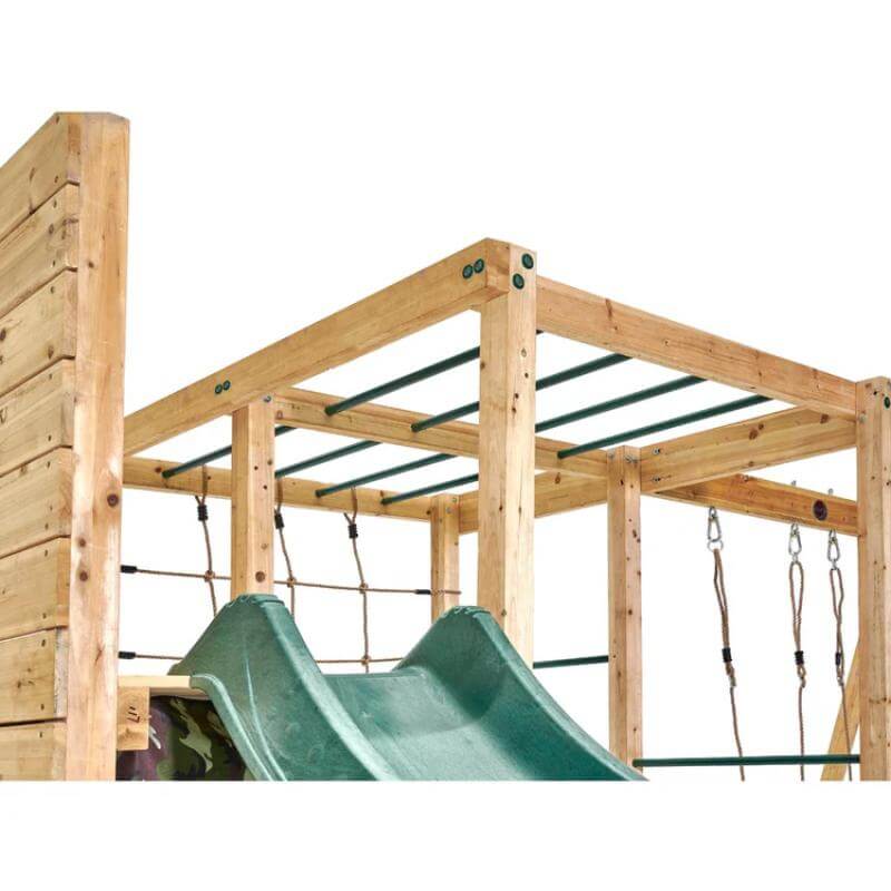 close-up-of-green-metal-monkey-bars-and-top-of-slide-on-plum-wooden-play-center