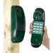 close-up-of-green-toy-telephone-and-handset-mounted-on-wooden-lookout-tower