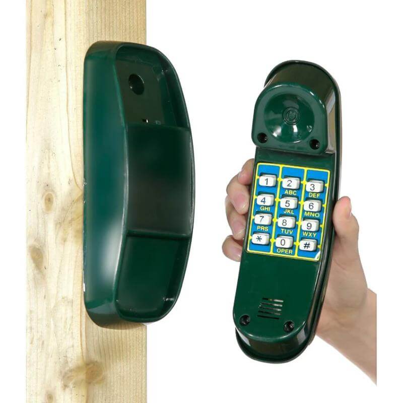 close-up-of-green-toy-telephone-and-handset-mounted-on-wooden-lookout-tower