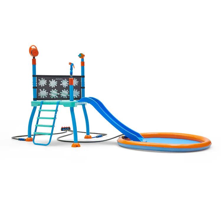 close-up-of-top-blue-basin-overflowing-into-lower-tier-of-the-wooden-water-park-play-set