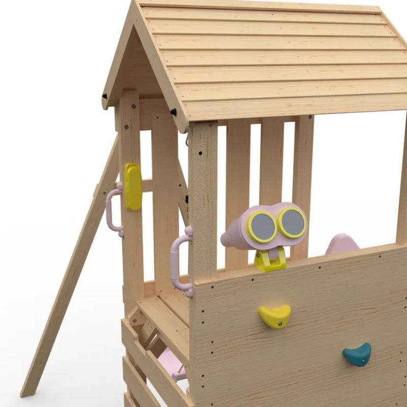 close-up-of-toy-binoculars-and-play-phone-on-wooden-lookout-deck