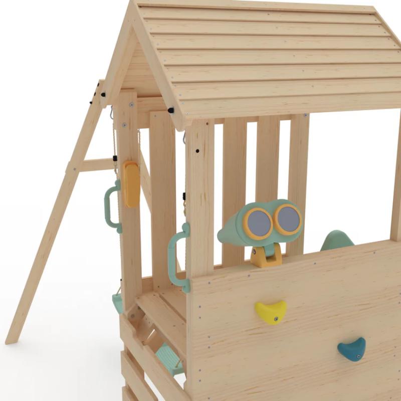 close-up-of-wooden-lookout-tower-with-binoculars-handles-climbing-holds-and-roof-detail