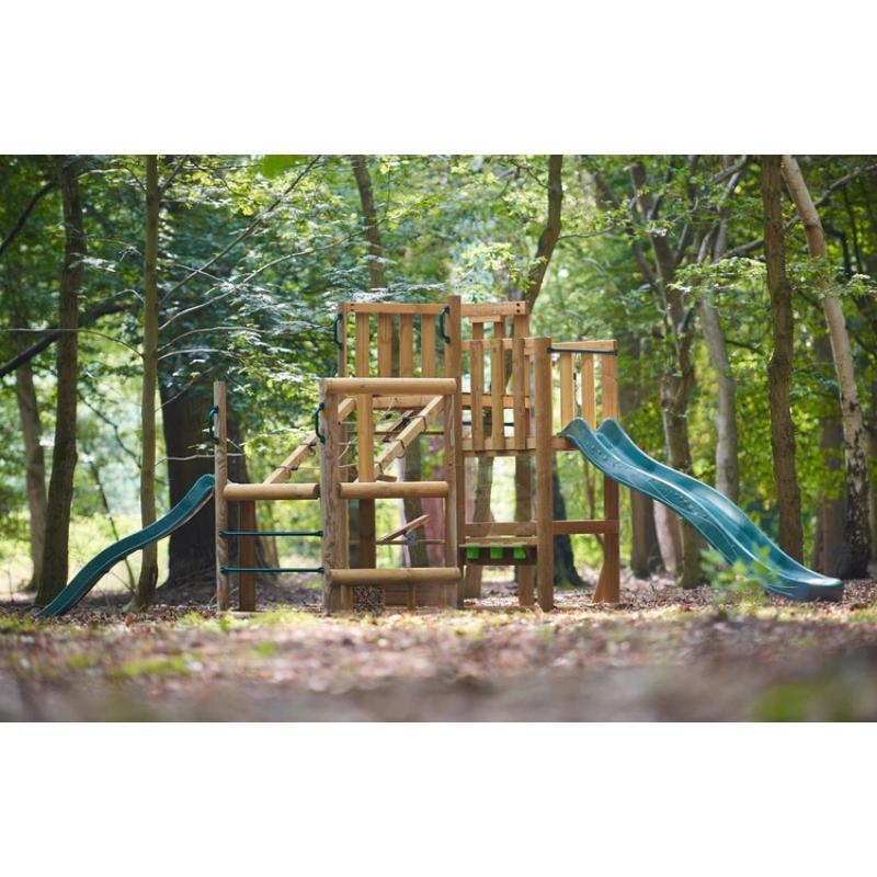 close-up-of-wooden-platform-deck-leading-to-rope-bridge-and-raised-play-tower