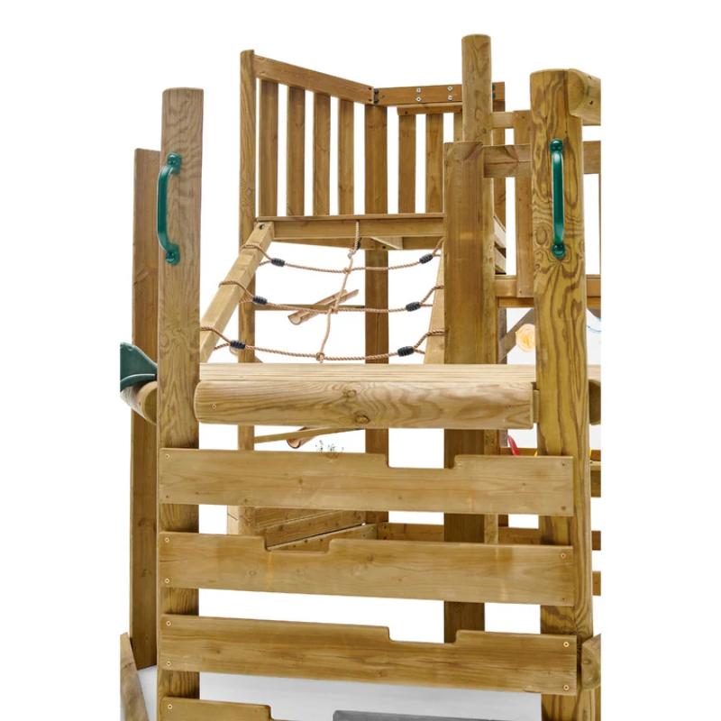 close-up-of-wooden-playcentre-platform-rail-with-rope-bridge-and-green-handles