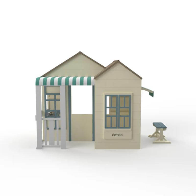 cream-wooden-playhouse-front-view-with-striped-canopy-blue-window-frame-and-detached-bench