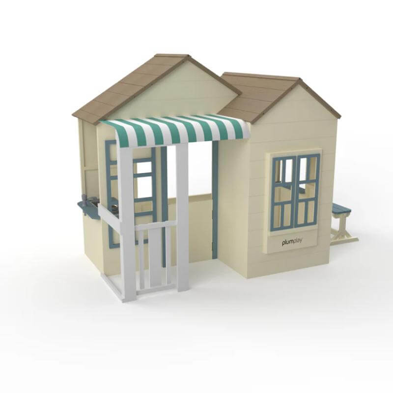 cream-wooden-playhouse-with-striped-front-canopy-open-porch-blue-trimmed-window-and-side-bench