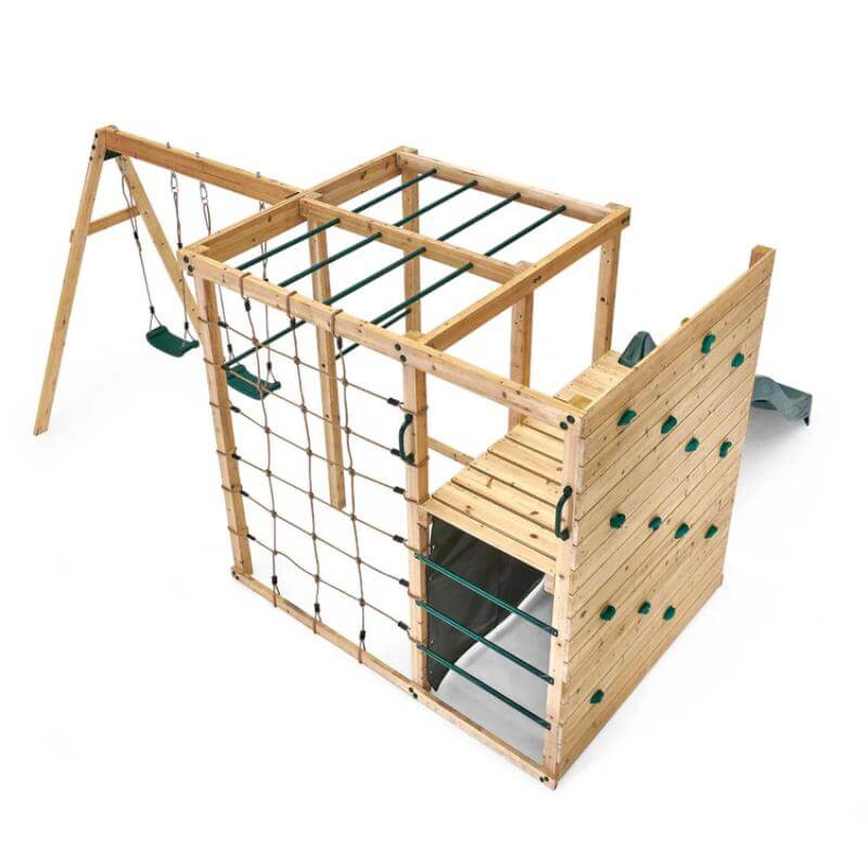 elevated-view-of-plum-wooden-climbing-cube-showing-cargo-net-monkey-bars-and-rock-wall