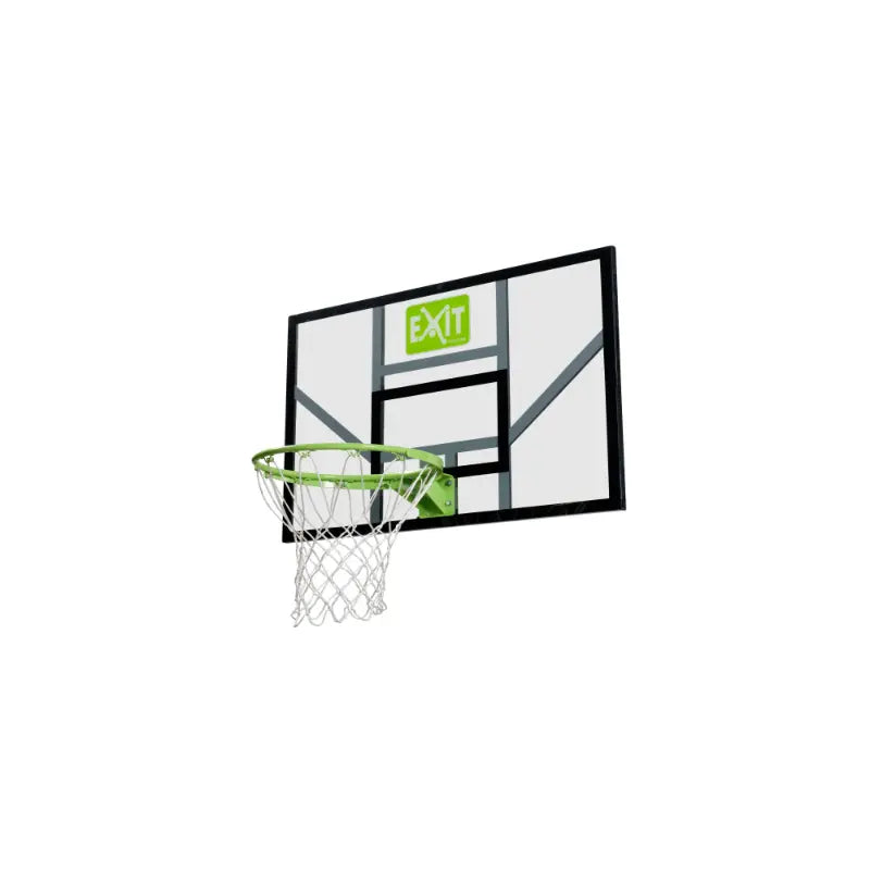 Full product view-of- EXIT Galaxy basketball backboard with hoop and net on white background.