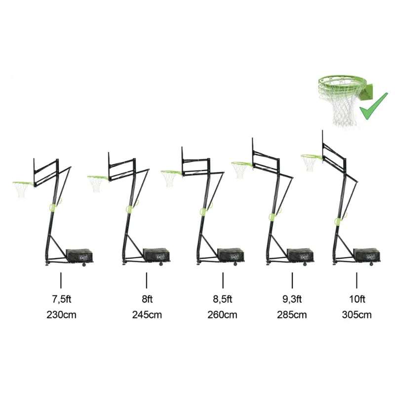 Adjustable height positions of the EXIT Galaxy portable basketball backboard from 230 to 305 cm.