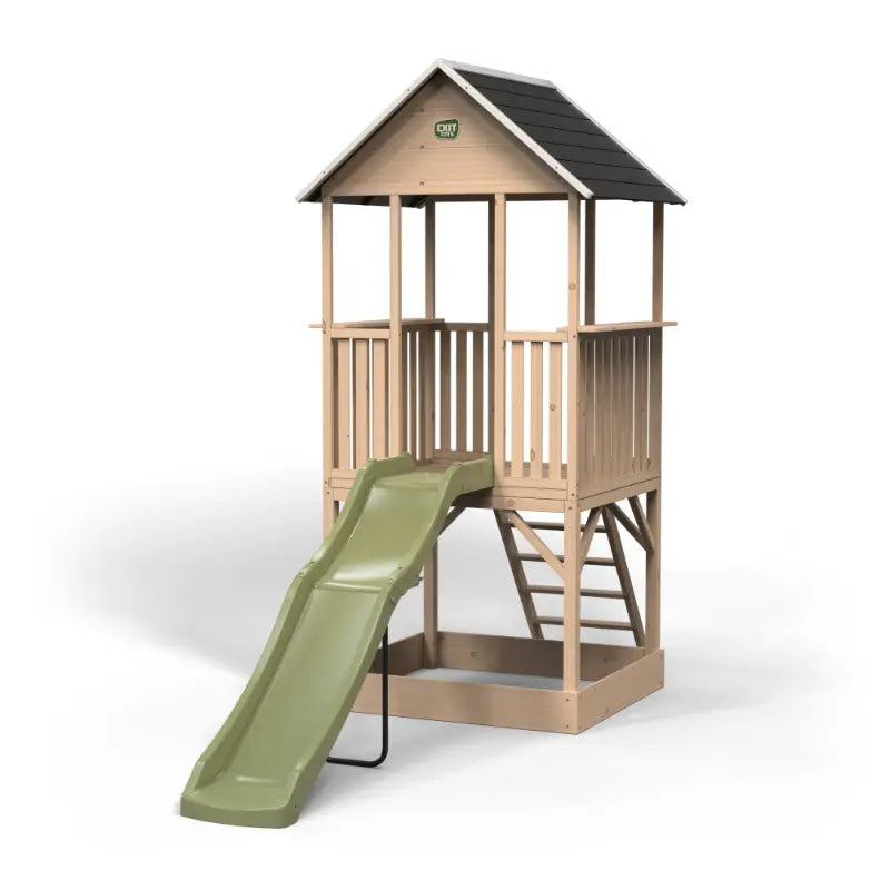 full-product-view-of-exit-panorama-wooden-playhouse-with-slide-and-sandpit-on-white-background